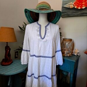Tommy Bahama Cotton Clip Three-Tier Dress. White with navy trim. Size S/P.